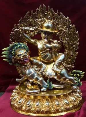 Fully Gold Gilded 10 inch Dorje Shugden Statue, Snow Lion Mount, Handmade - Front