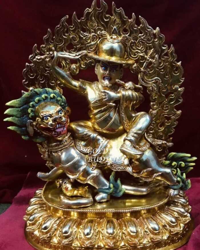 Fully Gold Gilded 10 inch Dorje Shugden Statue, Snow Lion Mount, Handmade - Front