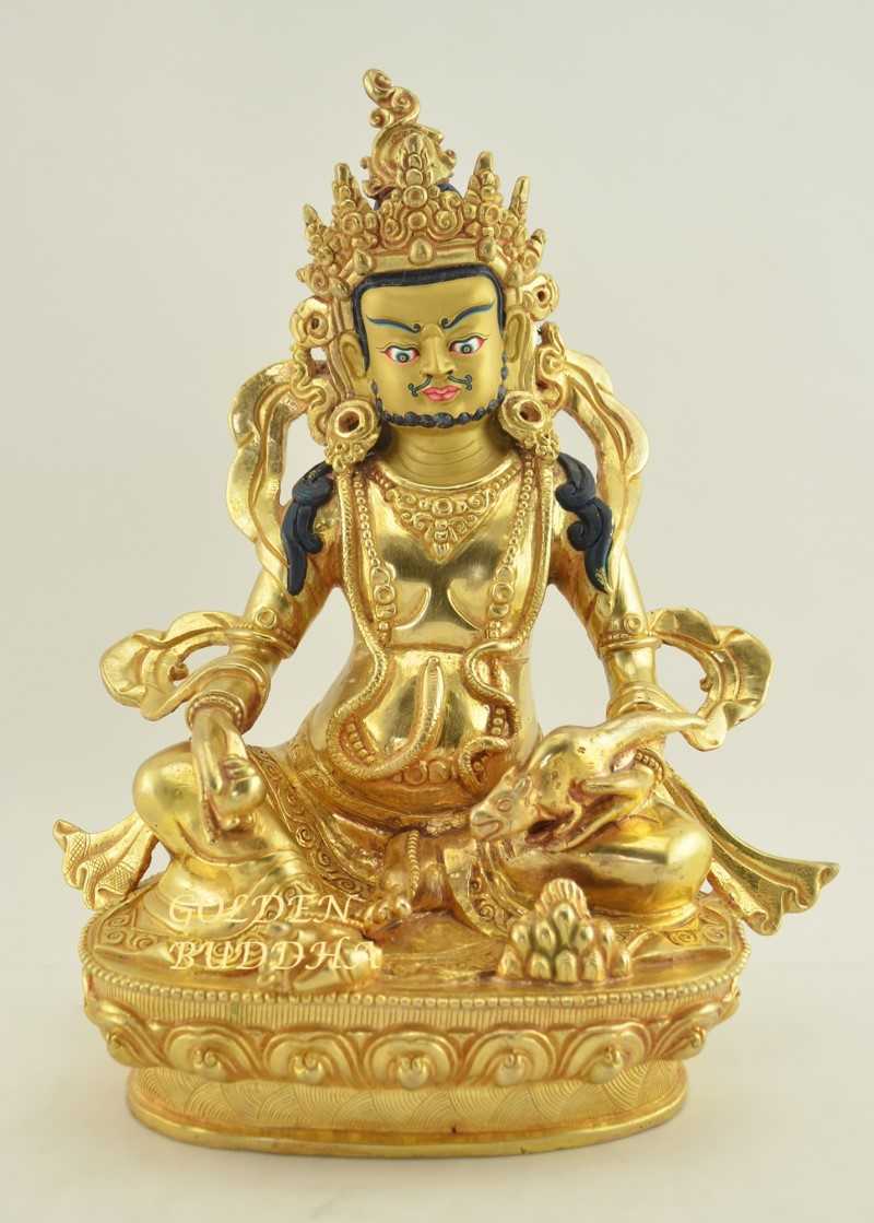 Fully Gold Gilded 9 inch Yellow Jambhala Statue, Beautiful Hand Carved Details