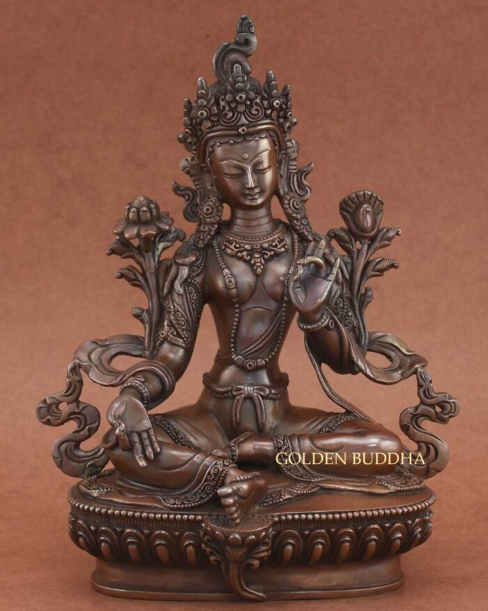 9 inch Green Tara Statue, Handmade Original, Lost Wax Carving Method, Antiquated Finish - Gallery
