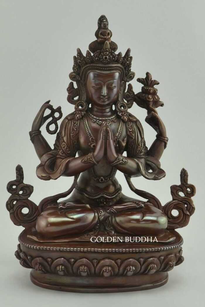 Chenrezig Statue, 9 inch, Handmade Original, Lost Wax Carving, Antiquated Copper Finish - Gallery