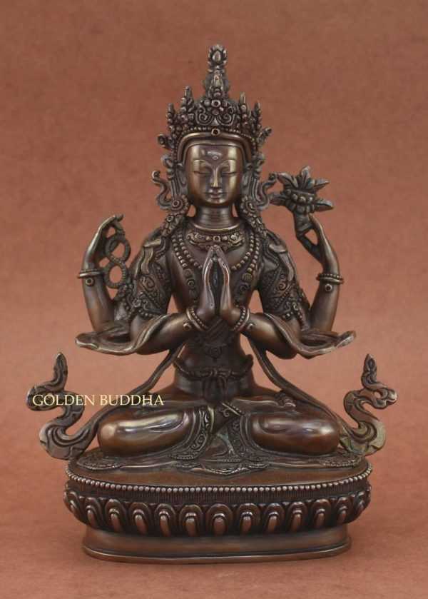 Chenrezig Statue, 9 inches, Handmade Original, Lost Wax Carving, Antiquated Copper Finish - Gallery
