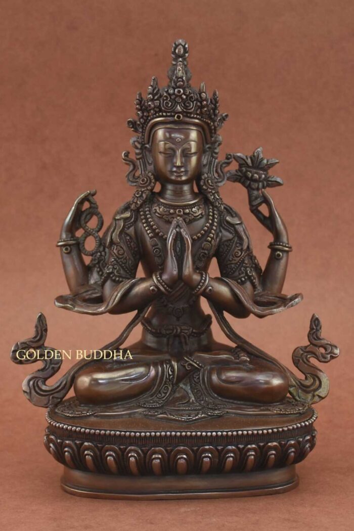 Chenrezig Statue, 9 inches, Handmade Original, Lost Wax Carving, Antiquated Copper Finish - Gallery