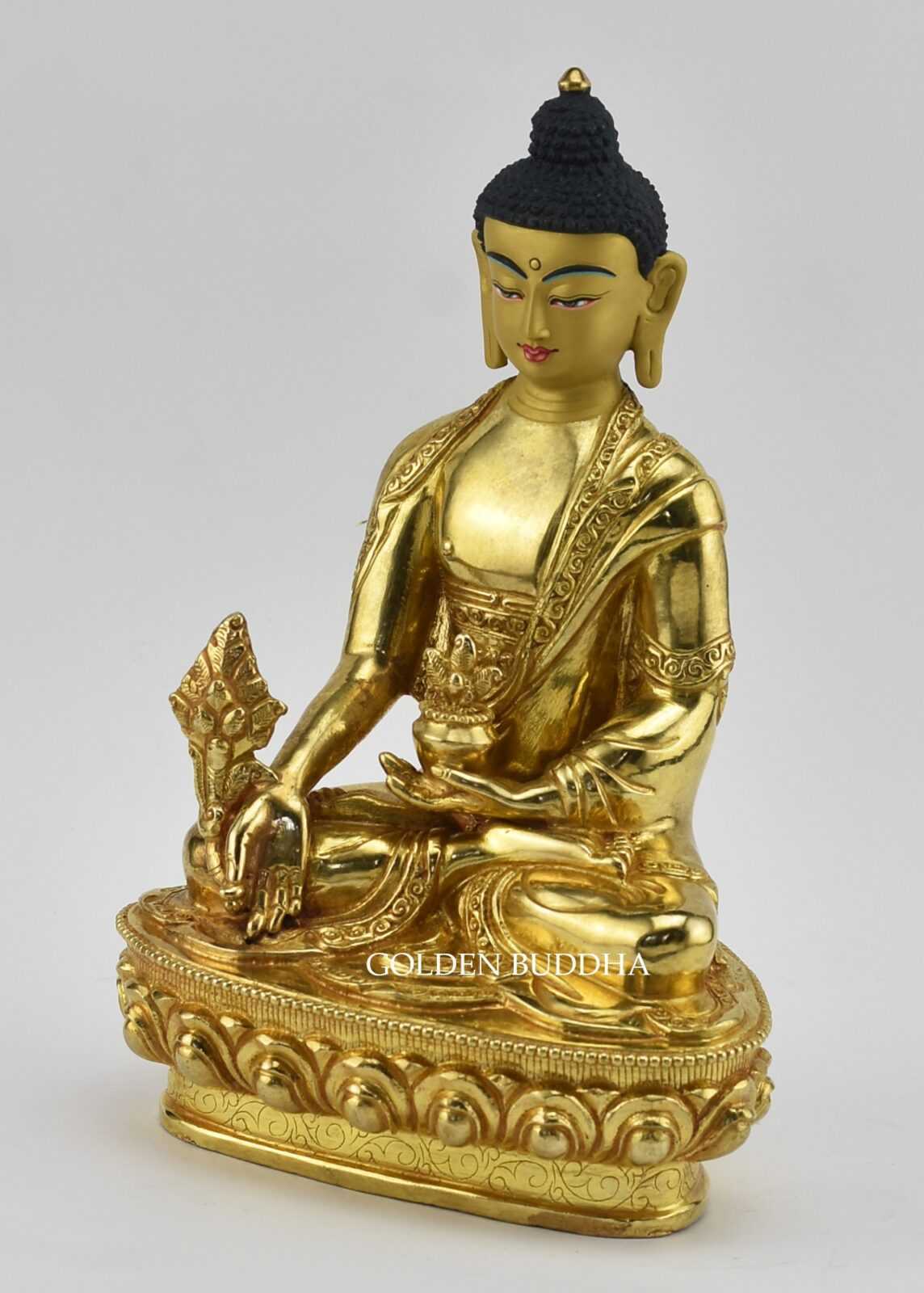 Fully Gold Gilded 8.25 inch Medicine Buddha Statue, Fire Gilded in 24K Gold, Handmade - Left