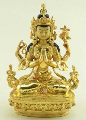 Fully Gold Gilded 9 inch Beautiful Chenrezig Statue, Handmade Original, Fire Gilded in 24K Gold - Gallery