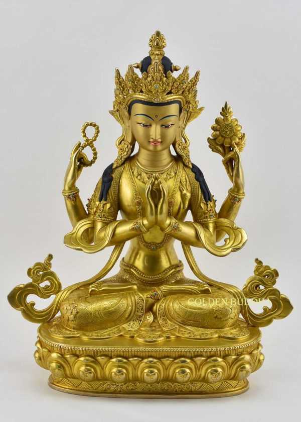 Fully Gold Gilded 14" Chenrezig Statue, Floating Mala, Fire Gilded 24k Gold Finish - Gallery