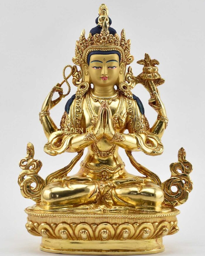 Fully Gold Gilded 9″ Chenrezig Statue, Floating Mala, Fire Gilded 24k Gold Finish, Handmade in Nepal - Gallery