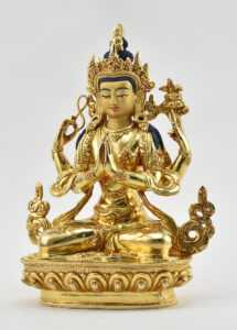 Fully Gold Gilded 9″ Chenrezig Statue, Floating Mala, Fire Gilded 24k Gold Finish, Handmade in Nepal - Left