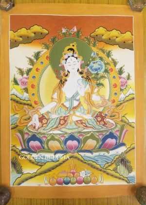 White Tara Thangka Painting, 22" x 16.5", Hand Painted with Gold Detail - Full Front Detail