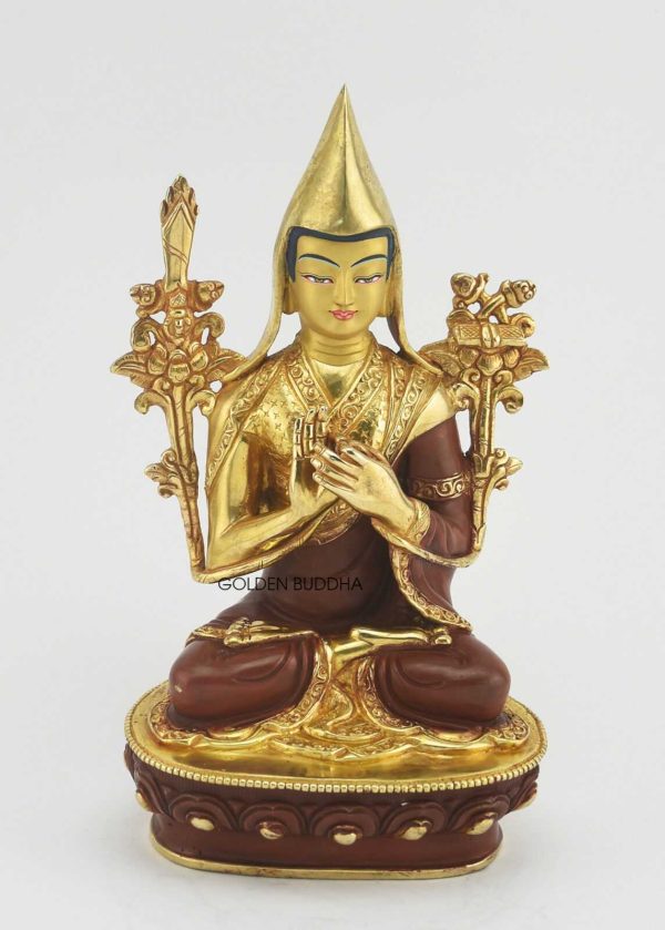 Partly Gold Gilded 9.25" Tsongkhapa Statue, 24k Gold, Handmade in Nepal - Gallery