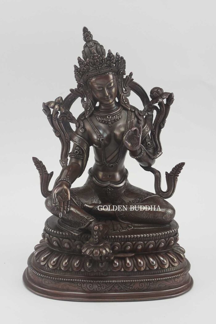 Antiquated Green Tara Statue 9.5", Oxidized Copper Finish, Hand Crafted in Patan Nepal - Gallery