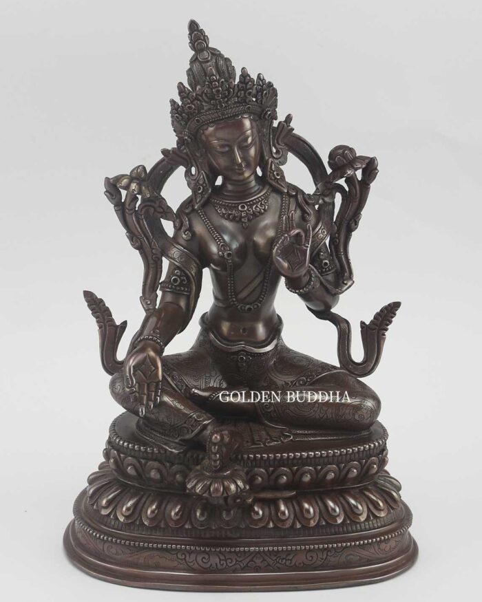 Antiquated Green Tara Statue 9.5", Oxidized Copper Finish, Hand Crafted in Patan Nepal - Gallery