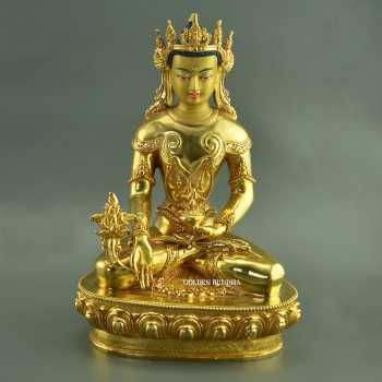 Fully Gold Gilded 10.25" Crowned Medicine Buddha Statue - Gallery 350px