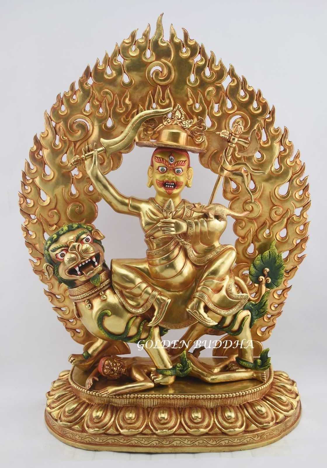 22 inch Tibetan Dorje Shugden statue, fully 24K gold gilded, Lost wax cast, Authentic Nepal — snow lion mount, curved sword, heart jewel, mongoose, golden hat, ring of fire