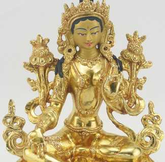 Fully Gold Gilded 8.5 inch Nepali Green Tara Statue, Fire Gilded in 24K Gold, Handmade Original - 325px, Front Details