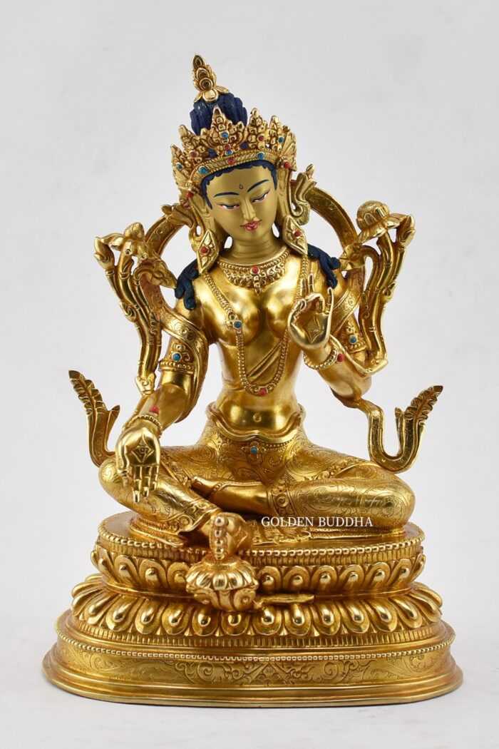 Fully Gold Gilded 9.5 inch Beautiful Green Tara Statue, 24K Gold Finish, Fine Detailed Carving - Gallery