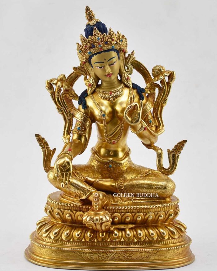 Fully Gold Gilded 9.5 inch Beautiful Green Tara Statue, 24K Gold Finish, Fine Detailed Carving - Gallery