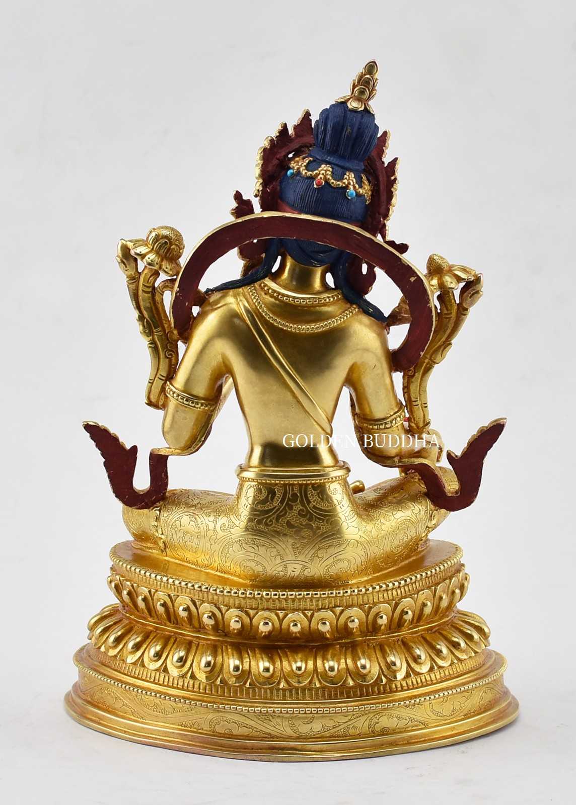 Fully Gold Gilded 9.5 inch Beautiful Green Tara Statue, 24K Gold Finish, Fine Detailed Carving - Back