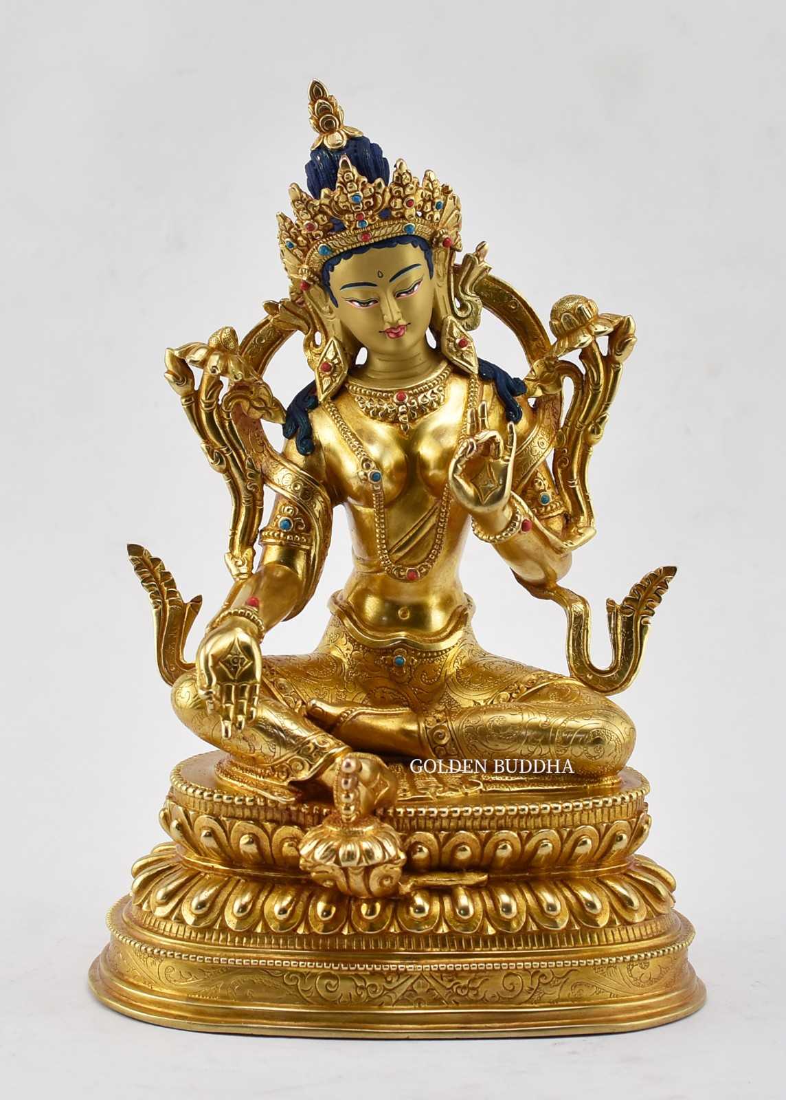 Fully Gold Gilded 9.5 inch Beautiful Green Tara Statue, 24K Gold Finish, Fine Detailed Carving - Gallery