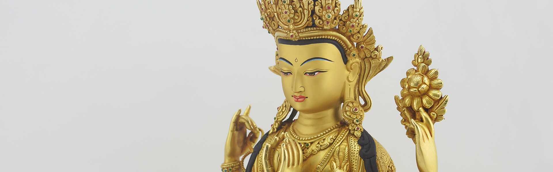 14" Chenrezig Statue, Gold Gilded with Floating Mala, Masterpiece