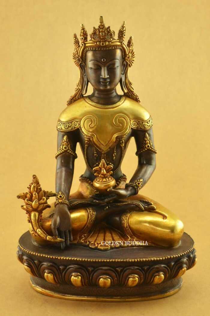 Oxidized Copper 10.25" Medicine Buddha Statue (24k Gold Gilded) - Gallery