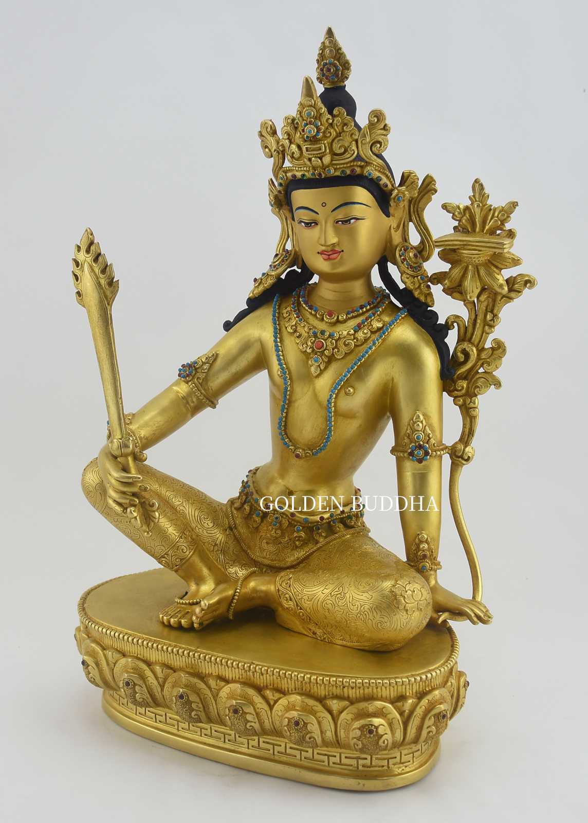 Fully Gold Gilded 13″ Manjushri Buddha Statue, Beautiful Engravings, Embedded Stones