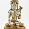 14" White Tara Statue with Turquoise and Red Coral Stones, "Silver Moon" theme statue color, 24K Gold Gilded Details, Utpala Lotus, Bodhisattva Crown, Varada mudra, full lotus pose, Long Life deity