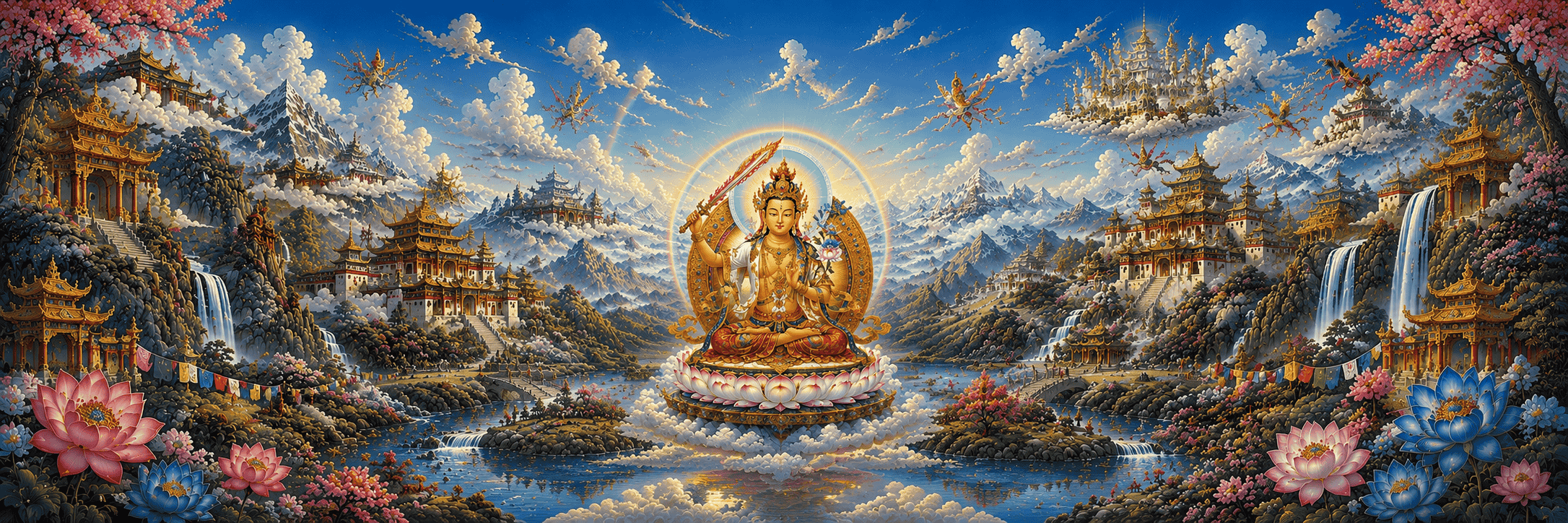 Manjushri Bodhisattva seated in the Pure Land of Vimala surrounded by celestial temples, Himalayan mountains, sacred Buddhist symbolism, and the flaming sword of wisdom