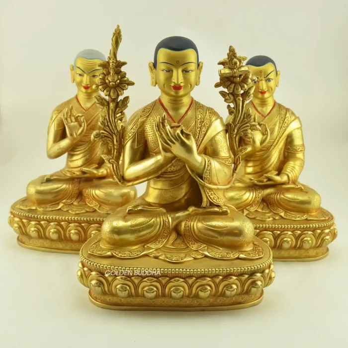 12.5-inch Je Tsongkhapa Statue Set with Gyaltsab Je and Khedrub Je, fully 24K gold gilded with engraved robes, mudras and lotus thrones
