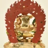 10-inch Dorje Shugden Sculpture fire gilded in 24K gold, riding a green-maned snow lion with wisdom sword, heart jewel and removable flame mandorla - back with frame