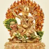 10-inch Dorje Shugden Sculpture fire gilded in 24K gold, riding a green-maned snow lion with wisdom sword, heart jewel and removable flame mandorla - gallery