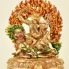 10-inch Dorje Shugden Sculpture fire gilded in 24K gold, riding a green-maned snow lion with wisdom sword, heart jewel and removable flame mandorla - hat off