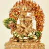 10-inch Dorje Shugden Sculpture fire gilded in 24K gold, riding a green-maned snow lion with wisdom sword, heart jewel and removable flame mandorla - left