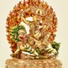 10-inch Dorje Shugden Sculpture fire gilded in 24K gold, riding a green-maned snow lion with wisdom sword, heart jewel and removable flame mandorla - right