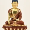 13.75-inch gold gilded Shakyamuni Buddha sculpture with reddish-brown monastic robes, alms bowl, Bhumisparsha Mudra and lotus throne - Front