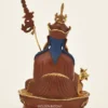 9.25-inch Guru Padmasambhava statue with 24K fire gilding, oxidized copper robes, blue hair, khatvanga with three impaled multicolored heads, kapala and lotus throne handcrafted in Nepal - back