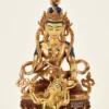 Front view of a Vajrasattva Shakti Statue depicting Dorje Sempa embracing the removable consort Vajragarvi, handcrafted from copper alloy, fire gilded in 24K gold, and seated on a single lotus pedestal - details.