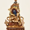 Front view of a Vajrasattva Shakti Statue depicting Dorje Sempa embracing the removable consort Vajragarvi, handcrafted from copper alloy, fire gilded in 24K gold, and seated on a single lotus pedestal - right.