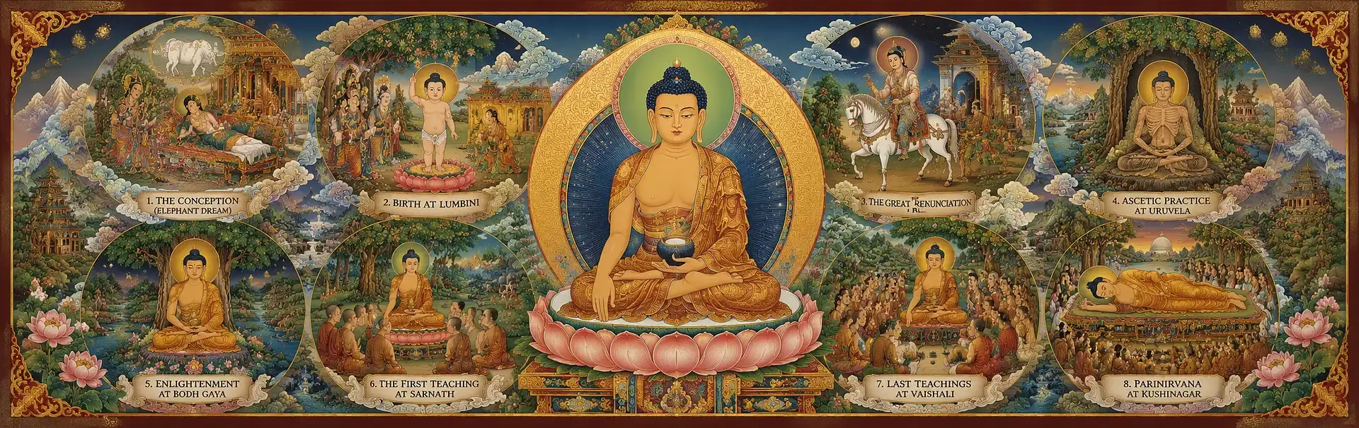 Shakyamuni Buddha Life Thangka - Depiction of Buddha Life from Conception to Parinirvana (banner image)