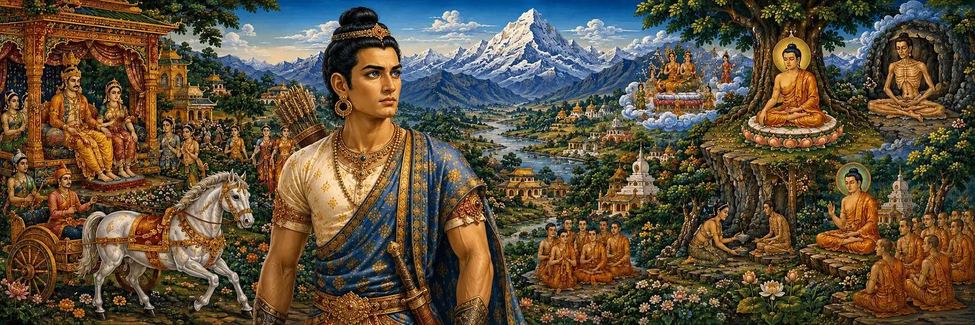 Banner image depicting Prince Siddhartha Gautama and Enlightened Shakyamuni Buddha seated in a Himalayan landscape, illustrating the physical characteristics, symbolism, and transformation of the historical Buddha.