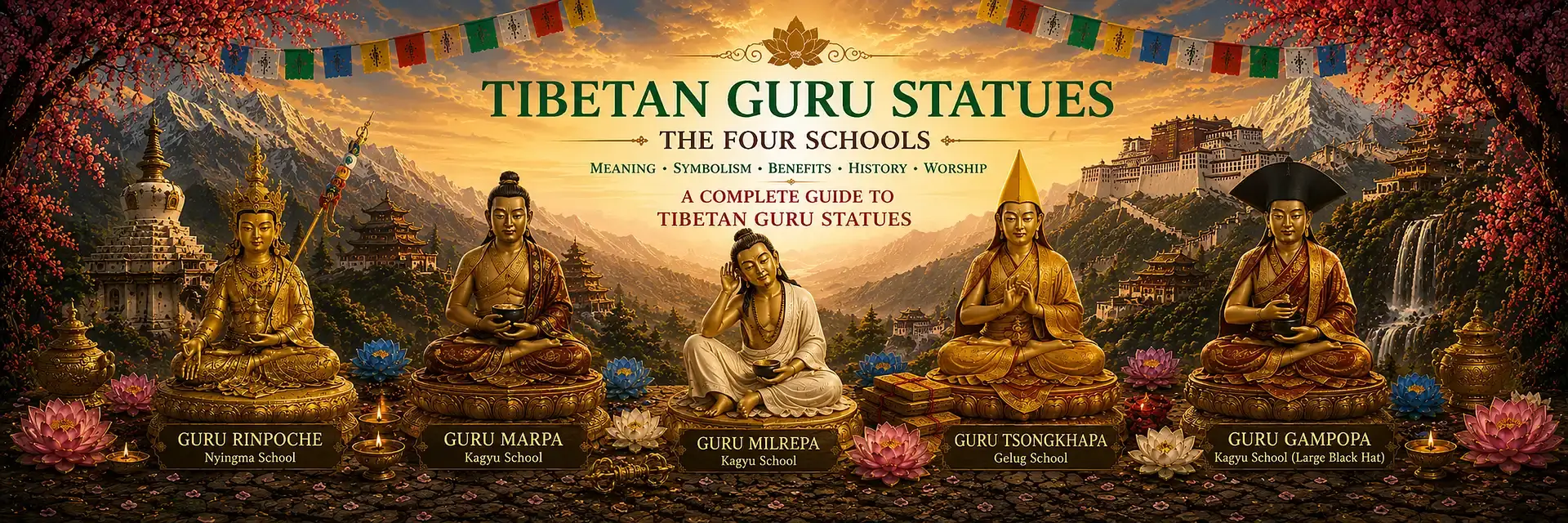 Header Image featuring Guru Rinpoche, Guru Marpa, Guru Milarepa, Guru Tsongkhapa and Guru Gampopa seated in a Himalayan Buddhist landscape representing the major Tibetan Buddhist traditions and lineage masters.