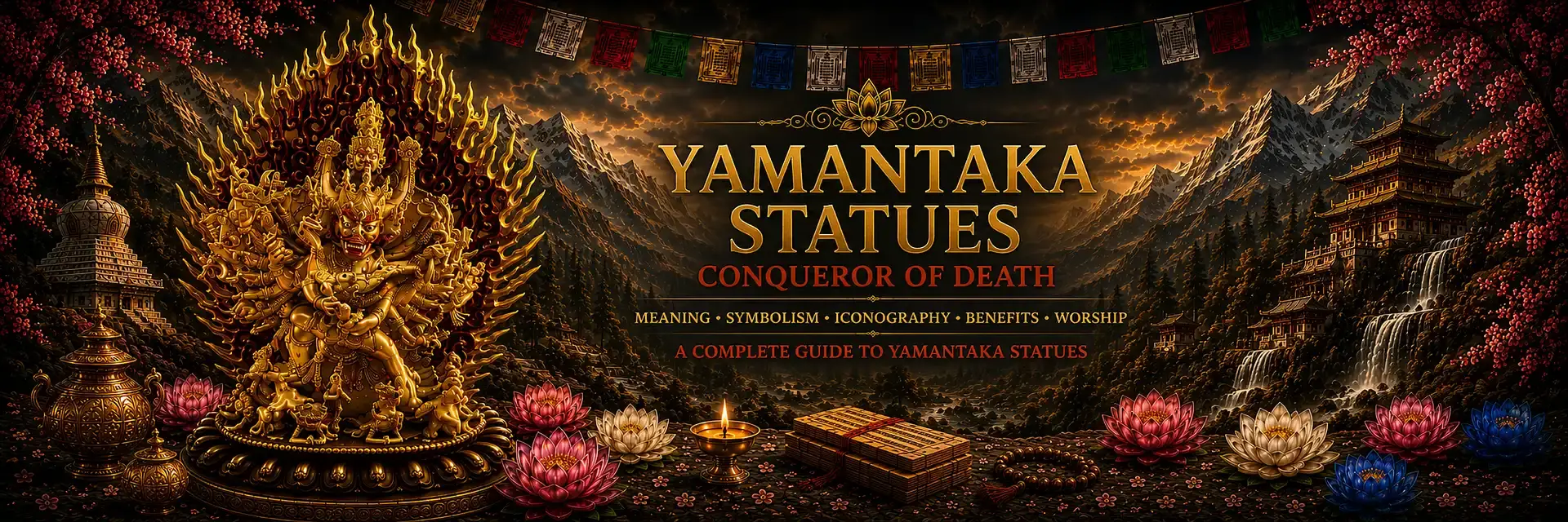 Banner image featuring Yamantaka, the wrathful Conqueror of Death deity in Tibetan Buddhism, surrounded by flames and Himalayan temples, illustrating the meaning, symbolism, iconography, and benefits of Yamantaka statues.