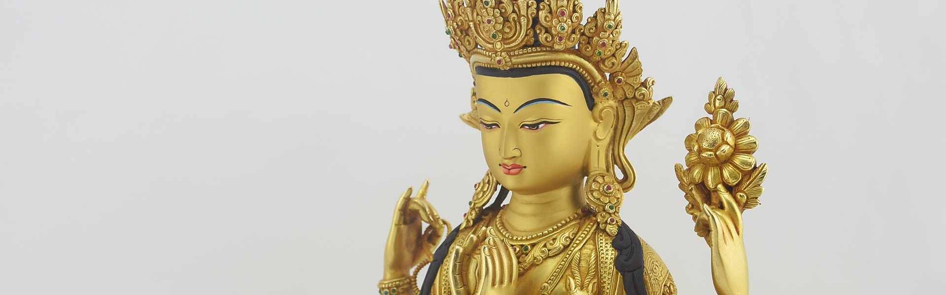 14" Chenrezig Statue, Gold Gilded with Floating Mala, Masterpiece