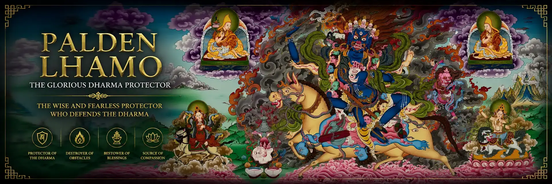 Traditional Palden Lhamo thangka depicting the fierce Dharma Protector riding her mule through a sea of blood, symbolizing wisdom, protection, and the preservation of Buddhist teachings.