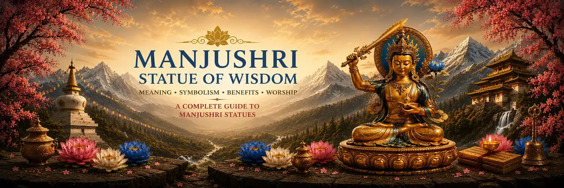 Manjushri Pure Pure Land - Vimala Pure Land Thangka Painting- Manjushri Sits in Full Lotus wielding sword on lotus pedestal in center of pristine lake. (Banner image)