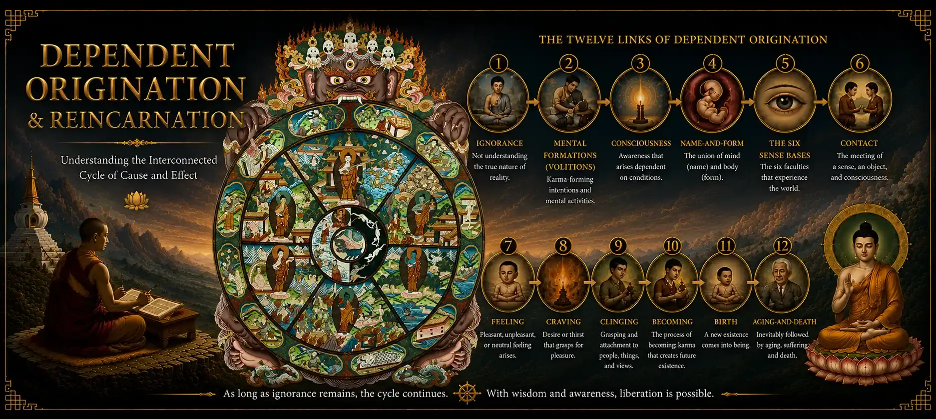 Mobile header illustration explaining dependent origination in Buddhism, featuring the Bhavachakra (Wheel of Life), the Twelve Links of Dependent Origination, a Buddhist monk, and the Buddha in a traditional Himalayan-inspired setting.