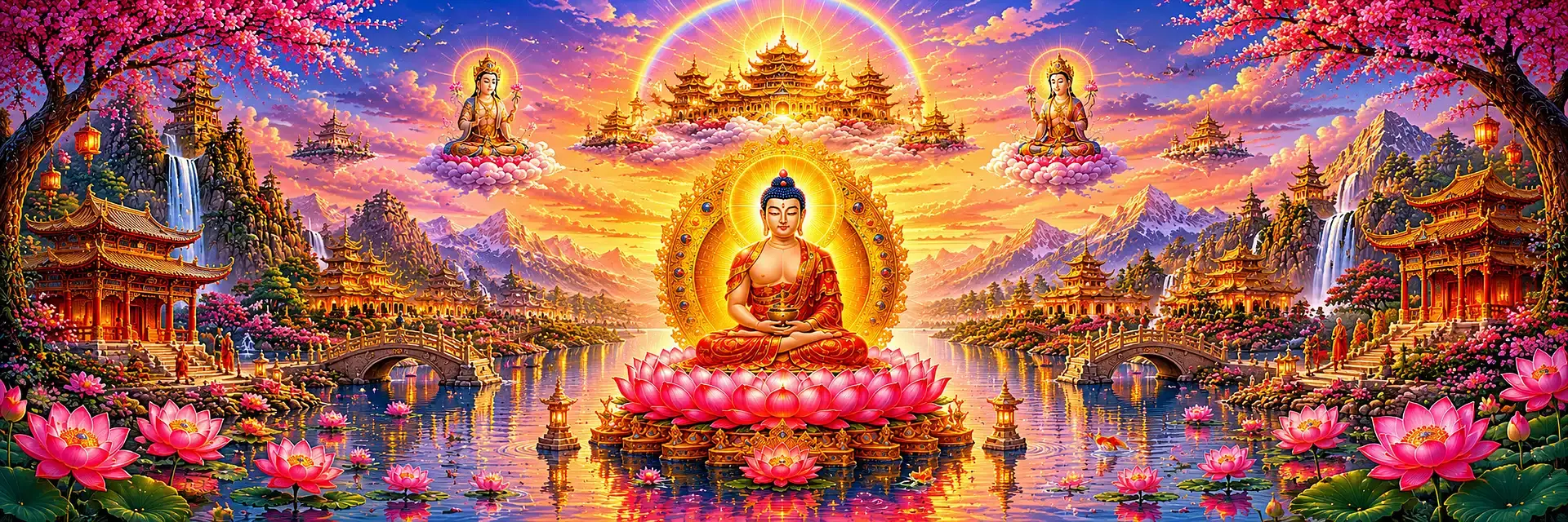 Amitabha Buddha seated in the Pure Land of Sukhavati surrounded by lotus lakes, celestial temples, and sacred Buddhist imagery