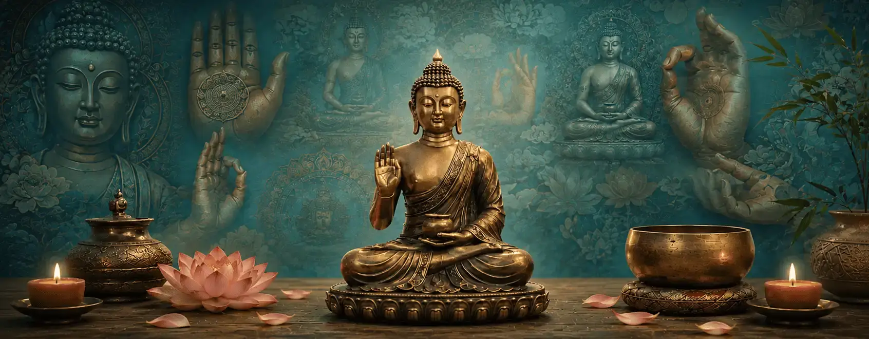 Buddhist Thangka painting featuring Buddhist mudras such as Abhaya, Vitarka and Dhyana mudras