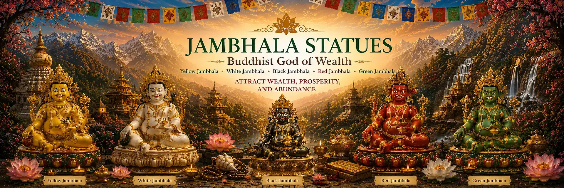Jambhala Statues - Five Forms of the Buddhist God of Wealth: Yellow Jambhala, White Jambhala, Black Jambhala, Red Jambhala and Green Jambhala
