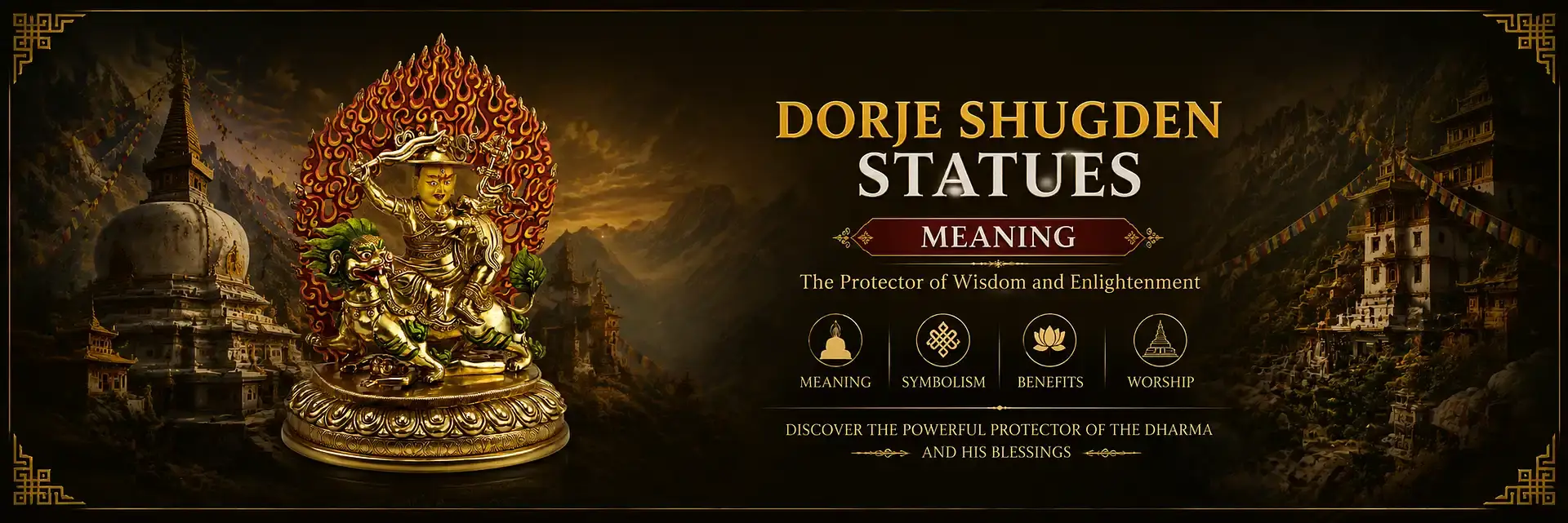 Golden Dorje Shugden statue riding a snow lion, set against a Himalayan landscape with temples and mountains, symbolizing wisdom, protection, enlightened activity, and Dharma guardianship in Tibetan Buddhism.